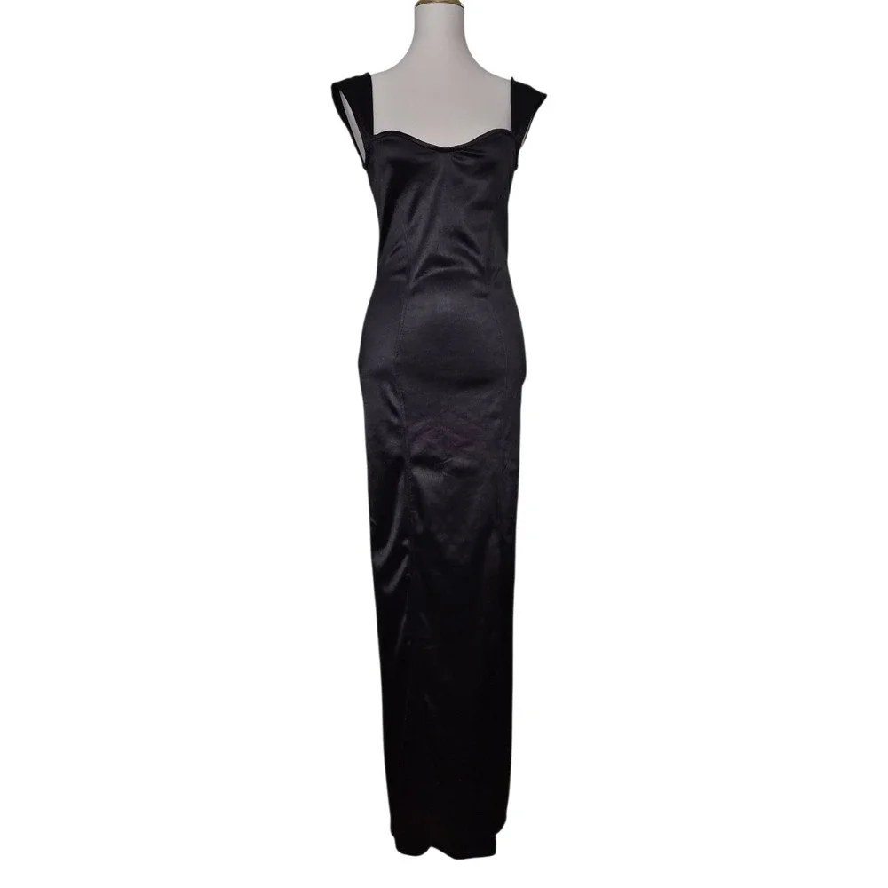 Lucy in the Sky Black Satin Bodycon Maxi Dress Square Neck‎ Cap Sleeve Evening